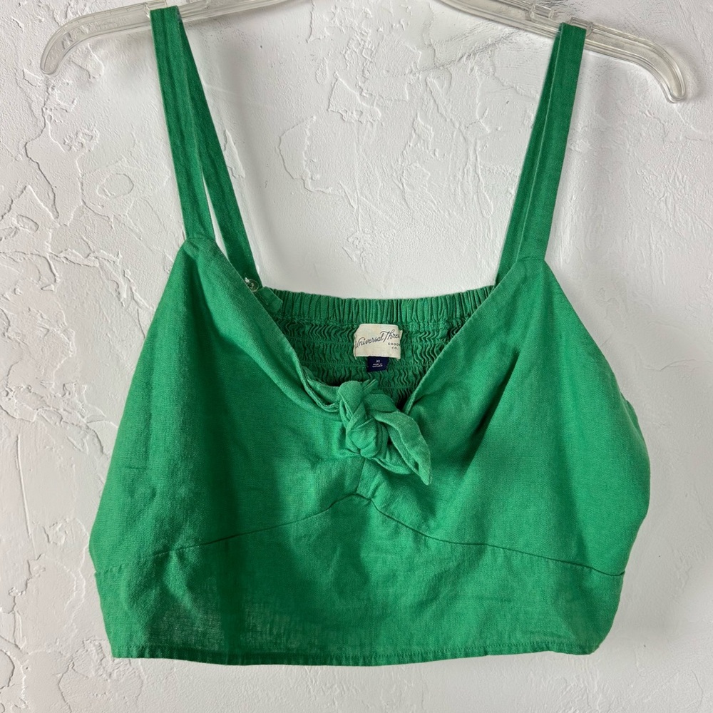 Target Universal Thread Blouse Knit Top Tank Cropped Solid Green Linen Tie Front